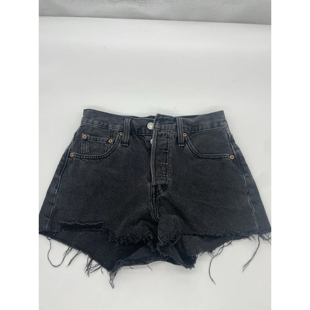 Levis Shorts Womens 25 Black Denim Jean Cutoff Big 501 Button Fly Festival Beach